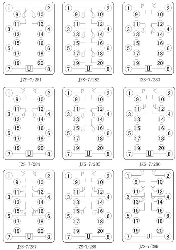 JZS-7/286斷電延時中間繼電器內(nèi)部接線圖